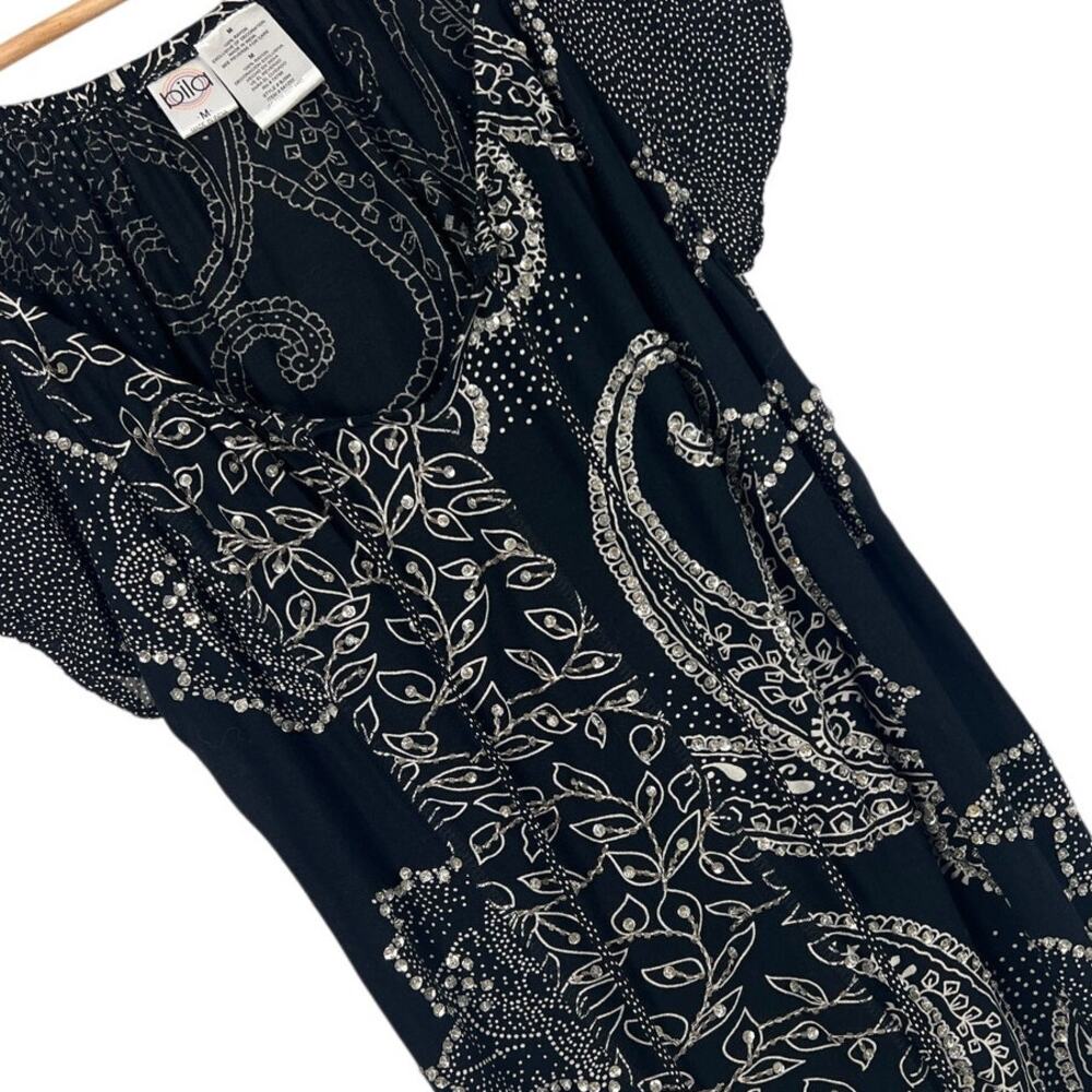 BILA‎ Women's M Black White Beaded Sequin Paisley Tassel Boho Whimsigoth Blouse